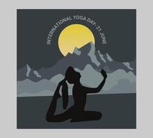 Internationale yoga dag poster met silhouet van een vrouw in yoga houding vector