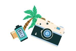 zomer vakantie reis elementen Aan blauw achtergrond. toevlucht Aan strand concept ontwerp. camera en beschermen accessoires. vector