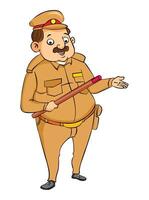 een dik politieagent vervelend uniform met een houten stok in hand- vector