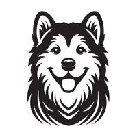 gelukkig Alaska malamute hond gezicht illustratie in zwart en wit vector