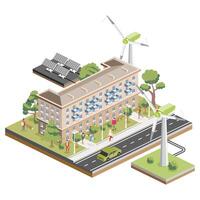 isometrische woon- vijf verdieping gebouw met zonne- panelen en wind turbines. groen eco vriendelijk huis. infographic element. infographic element. stad huis. bomen met mensen. vector