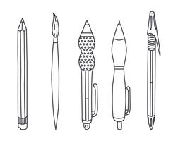 schattig tekening reeks van terug naar school- schrijfbehoeften met hand- getrokken schets. verzameling van potlood, pen met pet en mechanisch, borstel voor tekening, schrijven. school- levering en stationair voor studie, werk. vector