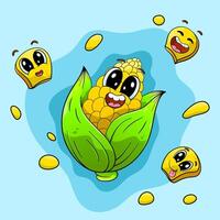 schattig zoet tekenfilm maïs met aanbiddelijk maïs kernel uitdrukkingen Aan een blauw achtergrond. Vrolijk, lachend, en heerlijk maïs pitten emote. vector