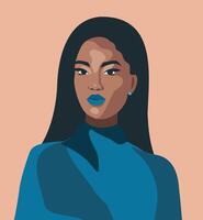 illustratie portret icoon zwart afro brunette mooi meisje vrouw Aan mode stijl gekleurde vlak avatar vector