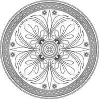zwart monochroom klassiek Grieks ronde schets ornament. cirkel van oude Griekenland en de Romeins rijk. byzantijns schilderij van muren, vloeren en plafonds. sjabloon voor gebrandschilderd glas. vector