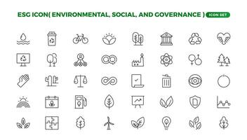 esg icoon ingesteld,milieu, sociaal, en bestuur lijn icoon. esg schets pictogrammen met bewerkbare beroerte verzameling. omvat duurzaamheid, zonne- paneel, recyclen, groen stad. vector