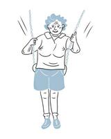 ouderling vrouw swinging buitenshuis met geluk. contrast tekening illustratie geïsoleerd Aan wit achtergrond. schets tekening van actief veroudering voor logo, sticker vector