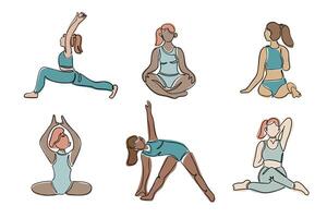 reeks van jong verschillend Dames in yoga poseert. boho stijl. contour samenstelling geïsoleerd Aan wit achtergrond. hand- getrokken single lijn pictogrammen van vrouw lichaam aan het doen yoga opdrachten vector