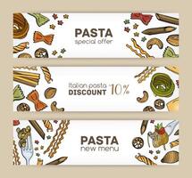 bundel van horizontaal web banier Sjablonen met divers types van rauw en gekookt pasta. speciaal aanbod en avondeten korting. hand- getrokken illustratie voor Italiaans restaurant advertentie, promo. vector