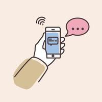 hand- Holding smartphone met tekst bericht Aan scherm en toespraak bubbel. telefoon met babbelen of boodschapper kennisgeving. ogenblik berichten onderhoud, chatten. kleurrijk illustratie in lijn kunst stijl. vector