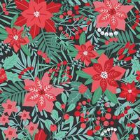 elegant Kerstmis feestelijk naadloos patroon met groen en rood traditioneel vakantie natuurlijk decoraties Aan donker achtergrond - bloemen, bessen, bladeren, Spar naalden. illustratie voor textiel afdrukken. vector