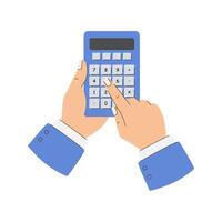 een persoon is Holding een blauw rekenmachine, een apparaatje met een Scherm apparaat vector