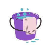 emmer van water met het wassen vod. schoon huis apparatuur. vol emmer met vochtig kleding voor huis schoonmaken. huiswerk accessoires, huishouding benodigdheden. vlak illustratie geïsoleerd Aan wit. vector