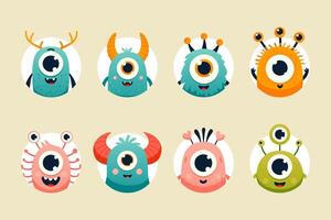 reeks van tekenfilm monster avatars voor web ontwerp, partij decoraties, prints Aan kinderen kleding. helder, gelukkig monsters met schattig, glimlachen gezicht, kleurrijk ontwerp voor kinderen boek. vector