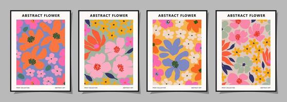 reeks van abstract groovy bloemen affiches. modieus botanisch muur kunst met bloem ontwerp afdrukken in levendig kleuren. modern naief voor interieur decor, omslag, kaart, sjabloon, banier, behang en achtergrond. vector