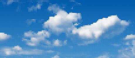 wit halftone wolken effect. pluizig stippel stijl Doorzichtig blauw lucht. vector