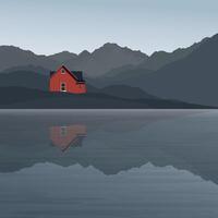 minimalistische kust landschap met land huis en berg bereiken grafisch geïllustreerd hebben blanco ruimte. vector