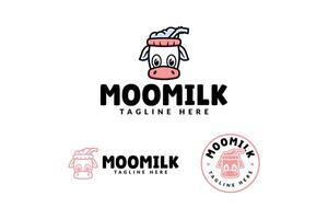 koe met glas van melk tekenfilm logo ontwerp voor drank cafe en restaurant bedrijf vector