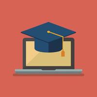 een minimalistische illustratie van een diploma uitreiking pet Aan top van een laptop, symboliseert online onderwijs vector