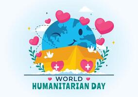 wereld humanitair dag illustratie met een globaal viering van helpen mensen, liefdadigheid, donaties, en vrijwilligerswerk Aan een vlak achtergrond vector