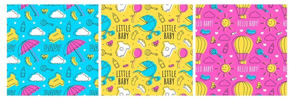baby naadloos patroon ontwerp, een reeks van gemakkelijk decoratief elementen in een hand- getrokken Aan stijl tekenfilm vlak illustratie sjabloon vector