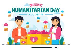 wereld humanitair dag illustratie met een globaal viering van helpen mensen, liefdadigheid, donaties, en vrijwilligerswerk Aan een vlak achtergrond vector