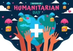 wereld humanitair dag illustratie met een globaal viering van helpen mensen, liefdadigheid, donaties, en vrijwilligerswerk Aan een vlak achtergrond vector