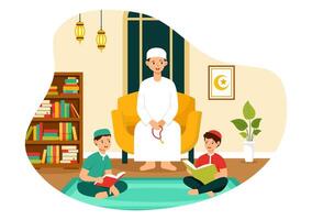 Islamitisch sociaal centrum illustratie met moskeeën, leerzaam instellingen voor Islamitisch studies en ontwikkeling in vlak tekenfilm achtergrond vector