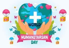 wereld humanitair dag illustratie met een globaal viering van helpen mensen, liefdadigheid, donaties, en vrijwilligerswerk Aan een vlak achtergrond vector