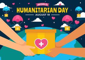 wereld humanitair dag illustratie met een globaal viering van helpen mensen, liefdadigheid, donaties, en vrijwilligerswerk Aan een vlak achtergrond vector