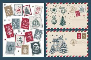 Kerstmis postzegels, mail, ansichtkaart, hand- getrokken set. . vector