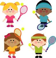 jongens en meisjes spelen tennis met rackets en tennis ballen. tennis spelers kinderen, kinderen atleten. vector