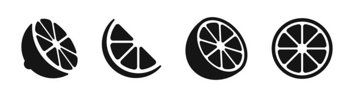 citrus fruit plak pictogrammen. oranje plak vorm set. citrus zwart symbool verzameling. citrus fruit geheel, voor de helft en stukken silhouetten. vector