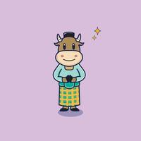 tekenfilm icoon illustratie van een schattig koe vervelend een sarong en kalotje. geïsoleerd premie dier natuur icoon concept. vlak tekenfilm stijl. vector