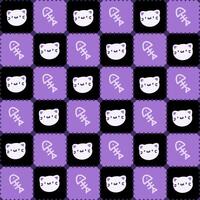 schattig kawaii kat en visgraat patroon met Purper achtergrond. deze aanbiddelijk patroon Kenmerken kawaii stijl kat gezichten en visgraten reeks tegen een Purper en zwart achtergrond. vector