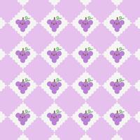 schattig kawaii druif patroon met paars achtergrond. aanbiddelijk patroon met kawaii stijl druif gezichten Aan een paars en wit achtergrond. vector