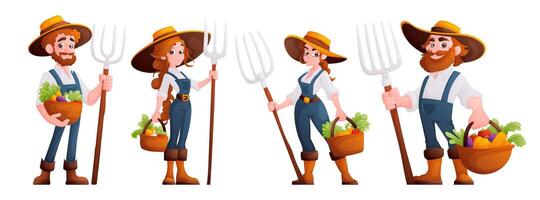 tekenfilm mans en meisjes boeren Holding hooivorken en groenten vector