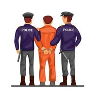 politie toonaangevende criminele gevangene in handboei van achteraanzicht concept in cartoon illustratie vector geïsoleerd op witte achtergrond