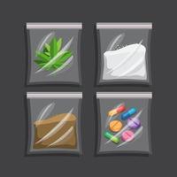 verdovende middelen in plastic zak collectie set. drug symbool concept in cartoon afbeelding vector