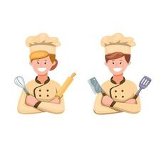 chef-kok man en vrouw in uniform klaar om te koken symbool pictogrammenset in cartoon afbeelding vector op witte background