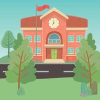 school- gebouw met klok en bomen Aan de kant vector