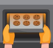 koekjes op oven, hand invoegen of uitzetten pan met chocoladekoekje, cartoon platte illustratie vector