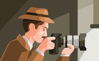 detective spionage verstopt achter raam en foto vastleggen met digitale camera in cartoon illustratie vector