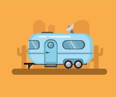 vintage reisaanhanger, airstream-camper in woestijnzonsondergang. platte illustratie vector