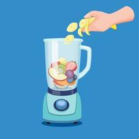 hand gesneden fruit naar blender, gezonde drank sap smoothies maken in keukenmachine in cartoon illustratie vector