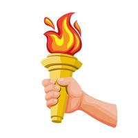 hand met gouden fakkel met vuurvlam, symbool voor sportcompetitie in cartoon illustratie vector geïsoleerd op witte achtergrond