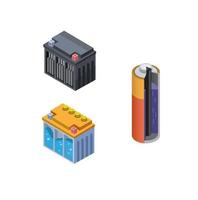 batterij binnenaanzicht in droge cel, accu natte en droge collectie icon set. concept in isometrische cartoon vector op witte achtergrond