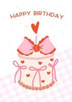 retro verjaardag taart illustratie groovy coquette ontwerp met roze bogen, gelukkig verjaardag kaart idee. vector