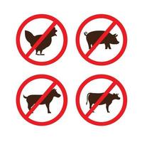 geen kip, koe, varkensvlees en hondenvlees, geen dierlijk teken symbool icoon collectie set bewerkbare vector, vector