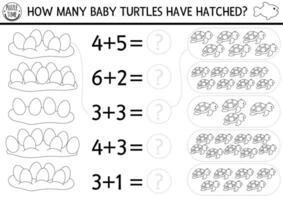 hoe veel baby schildpadden hebben uitgebroed spel. onder de zee zwart en wit wiskunde toevoeging werkzaamheid of kleur bladzijde. gemakkelijk lijn oceaan leven afdrukbare tellen werkblad voor kinderen met water dieren vector
